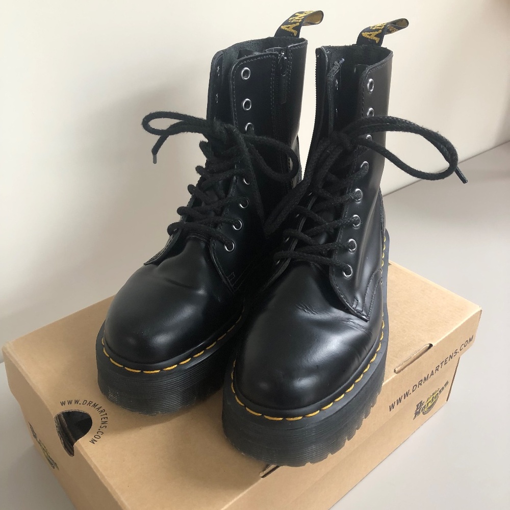Dr. Martens Black Leather Platform Boots with Yellow Stitching